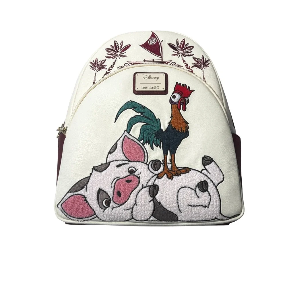 Disney Loungefly Moana Pua Hei Hei Stacked Chenille Mini Backpack Cream Burgundy